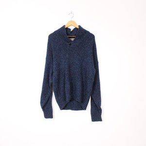 *London Fog Mens Blue Wool Knit Long Sleeve Collared Sweater
